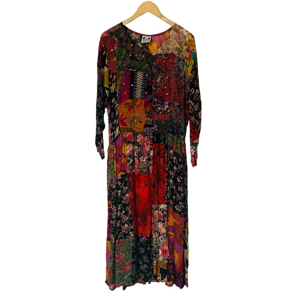 Zero Zero Vintage Beaded Mixed Media Patch Maxi Dress Size S Small Multicolor